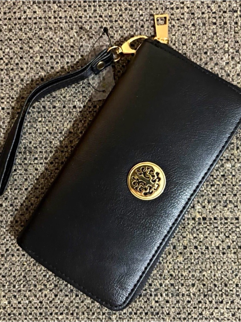 Black Wristlet Wallet with Gold Emblem